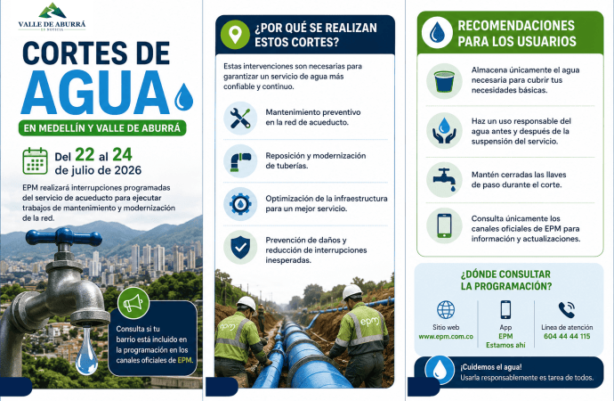 EPM anuncia cortes de agua en Medellín y municipios del Valle de Aburrá: consulte los sectores afectados